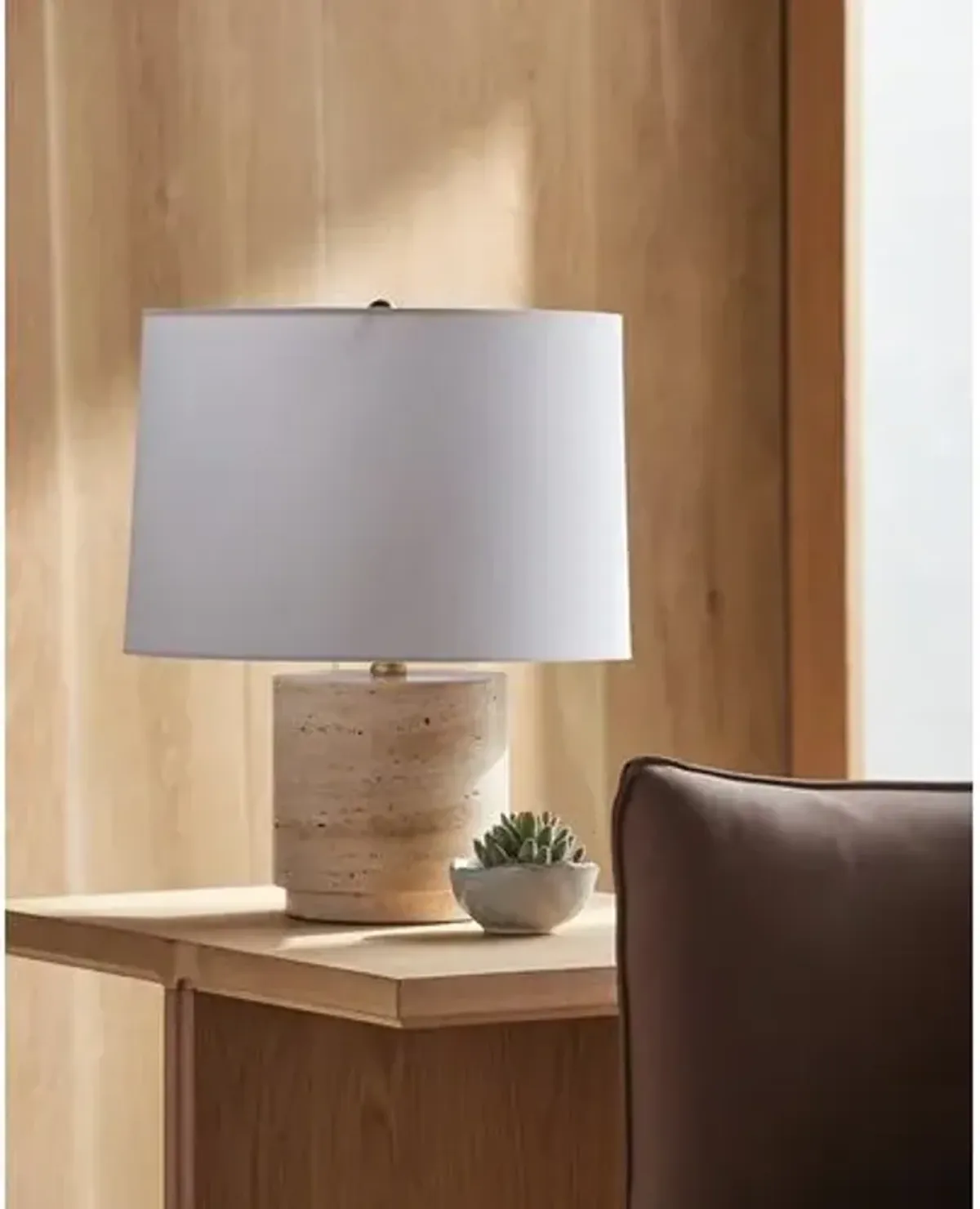 Krew Travertine Accent Table Lamp - Beige - 19Hx15Wx15D in