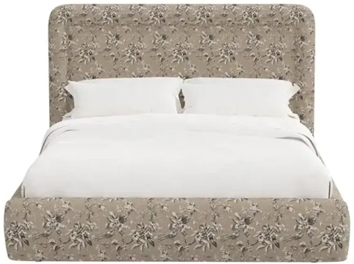 Marisa Platform Bed - Michigan Bird Toile - Beige, Upholstered, Comfortable & Durable