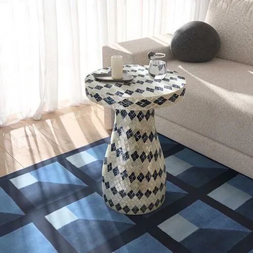 Logan Checkered Shell Side Table - Cream/Blue - Multi