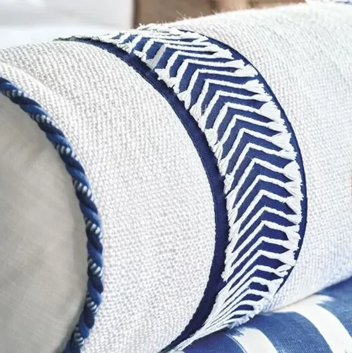 Marina Chevron Trim Bolster Pillow - White/Blue