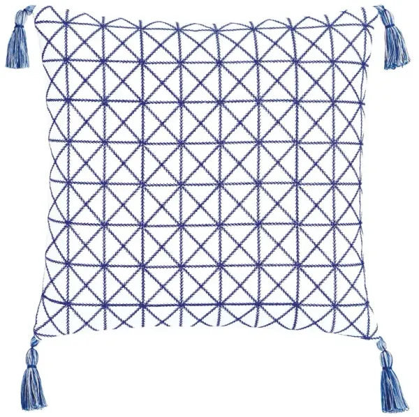 Marina Emroidered Tassel Pillow, White/Blue