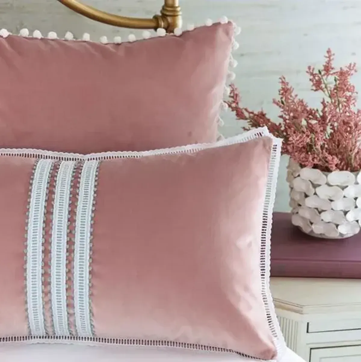 Jules Ball Trim Velvet Pillow - Pink