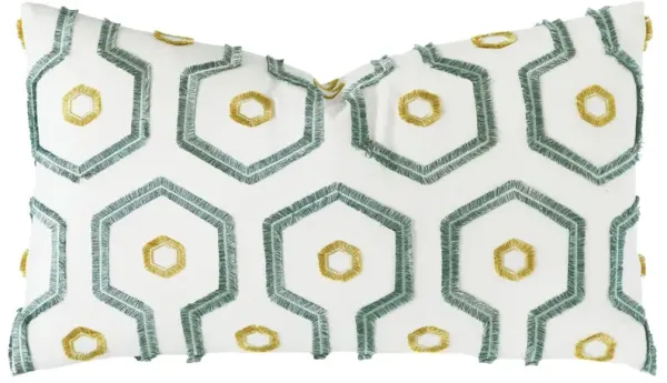 Calypso Emroidered Geometric Pillow, Spa/White
