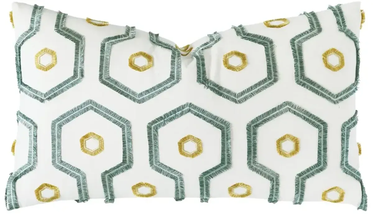 Calypso Emroidered Geometric Pillow, Spa/White