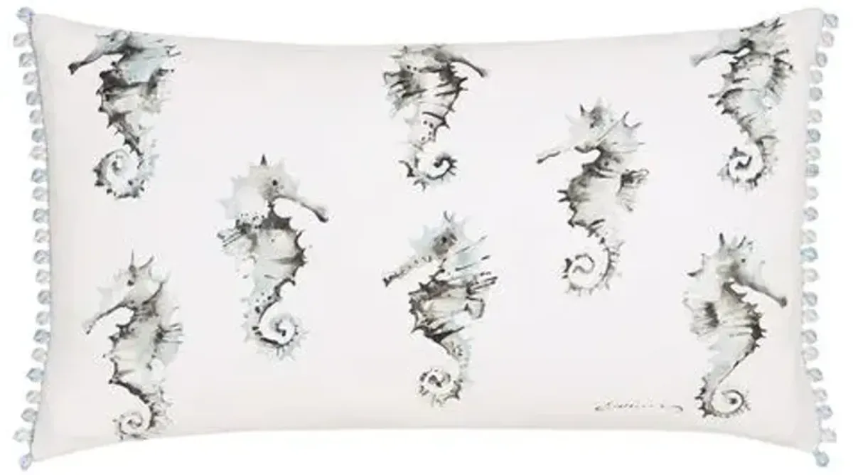 Isla Handpainted Seahorses Lumbar Pillow - White - Handcrafted