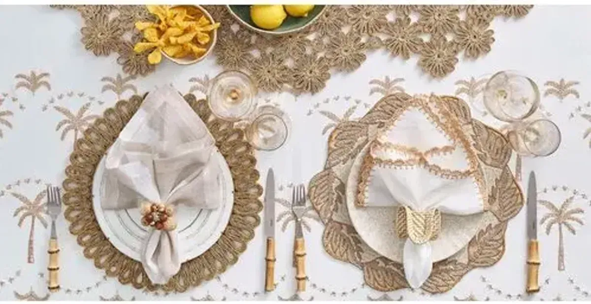 Embroidered Palm Tablecloth - White - Natural & Gold - Kim Seybert