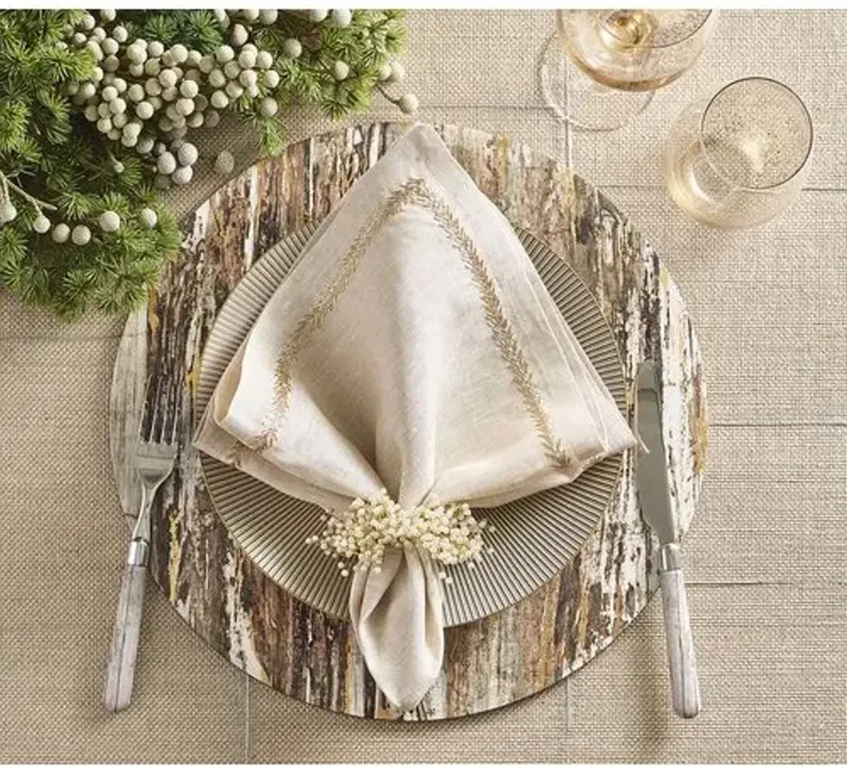 Set of 4 Weathered Pine Placemats - Ivory - Natural & Gold - Kim Seybert - Multi