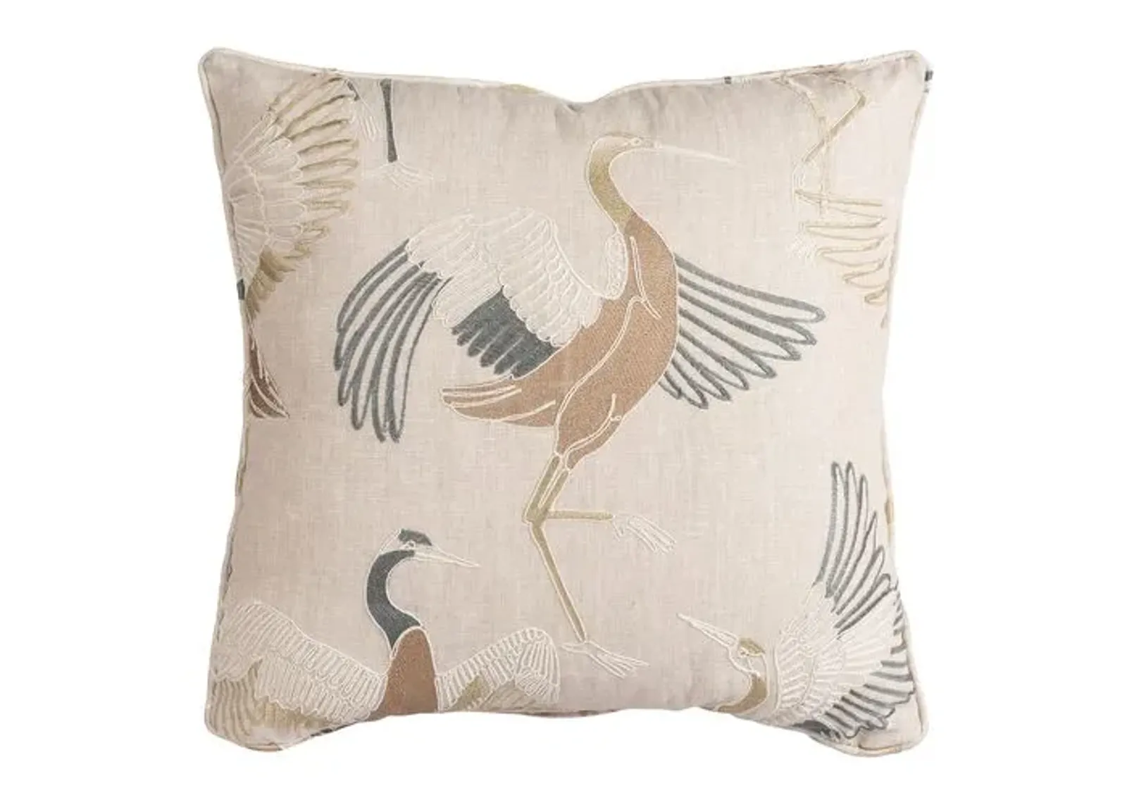 Dancing Crane Embroidered Linen Pillow - Natural