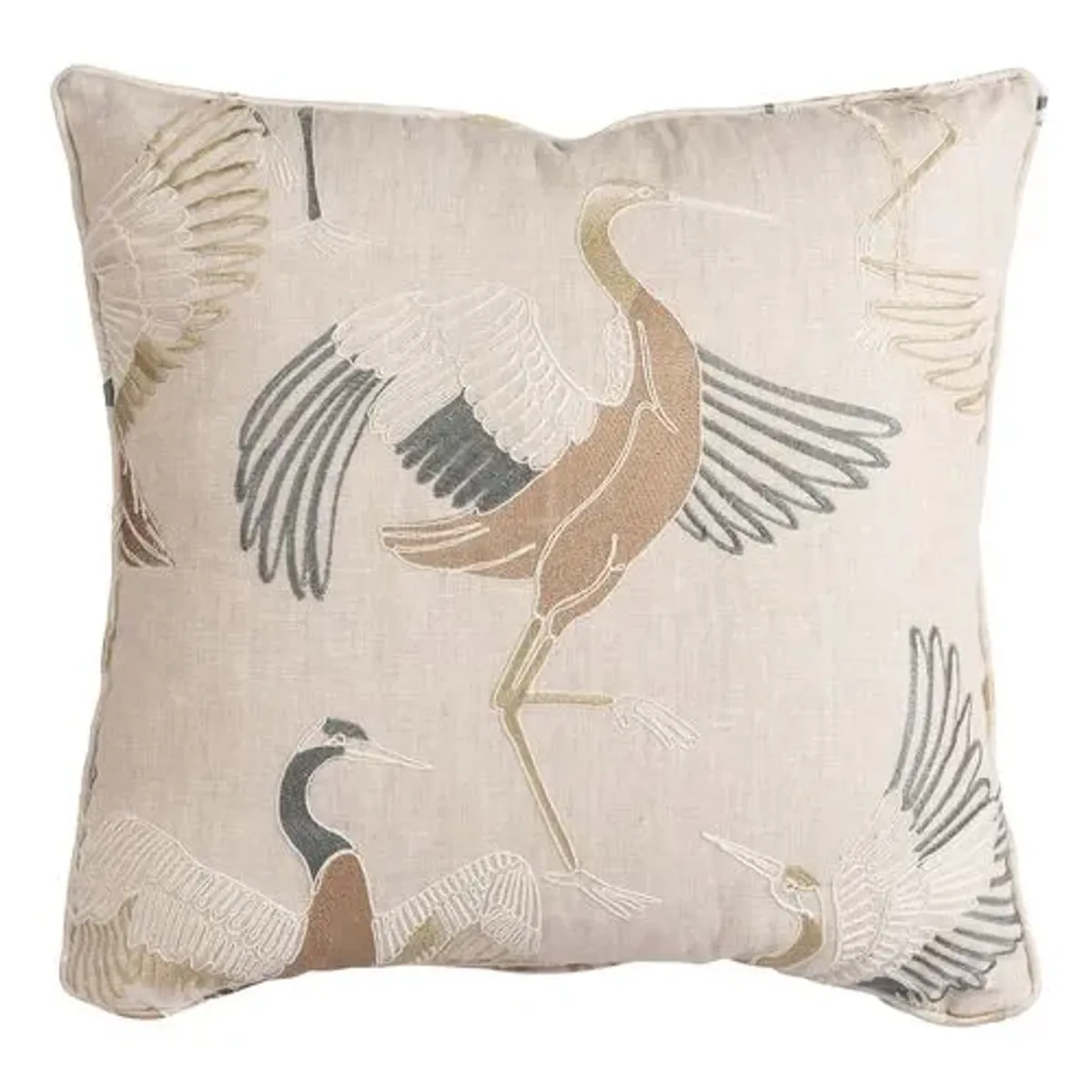 Dancing Crane Embroidered Linen Pillow - Natural