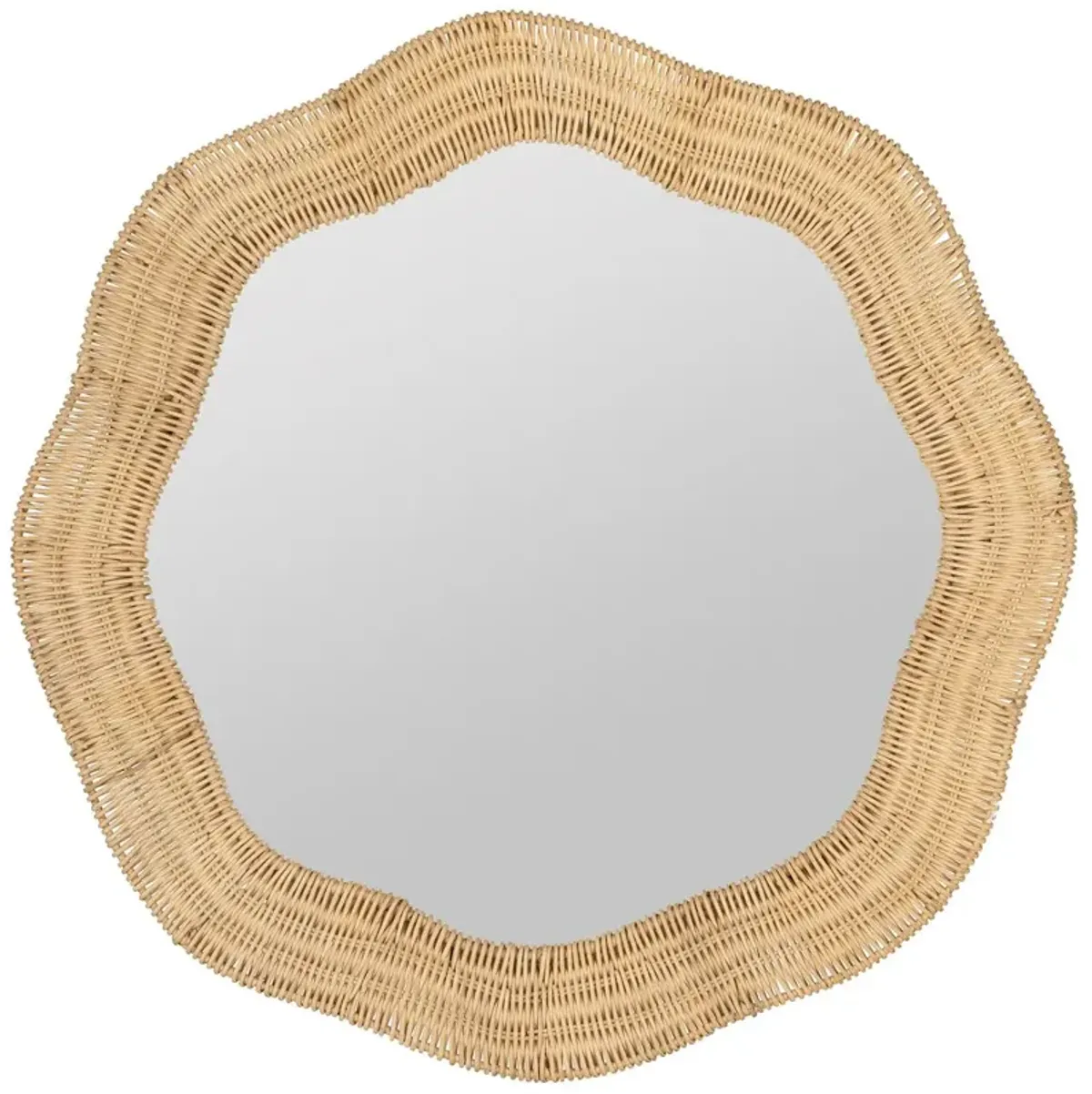 Linden Round Scalloped Wall Mirror, Natural Rattan