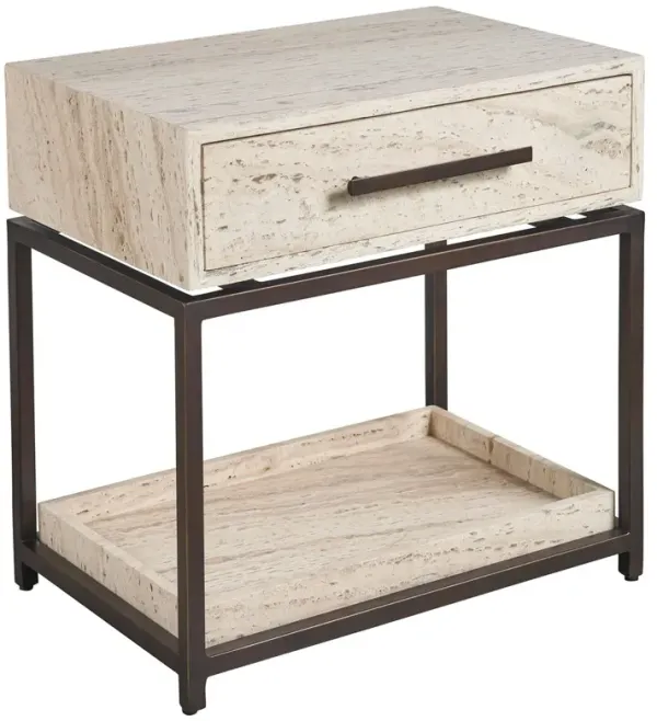 Zora 1-Drawer Nightstand, White Travertine/Bronze