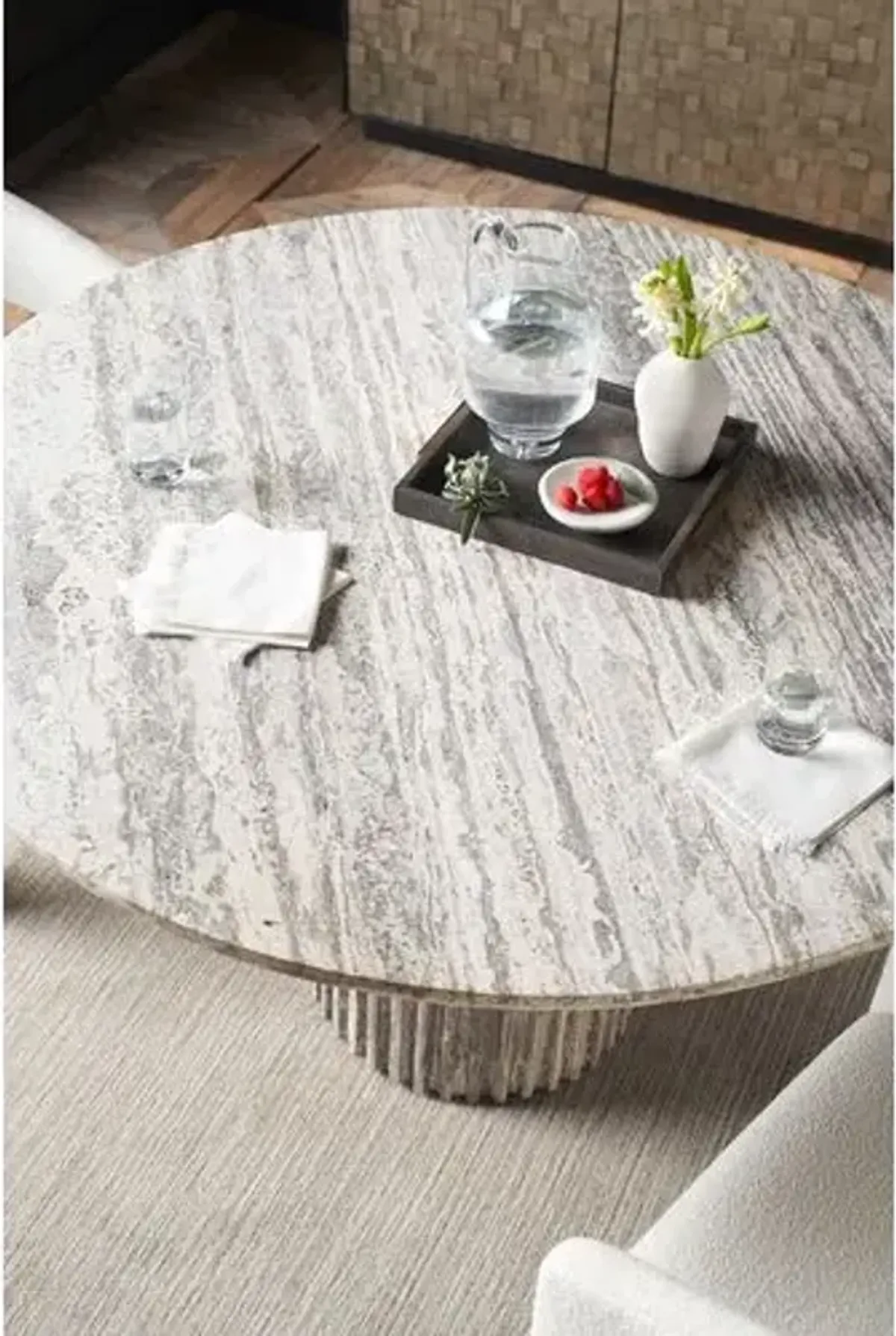 Solly Round 54" Dining Table - White Travertine