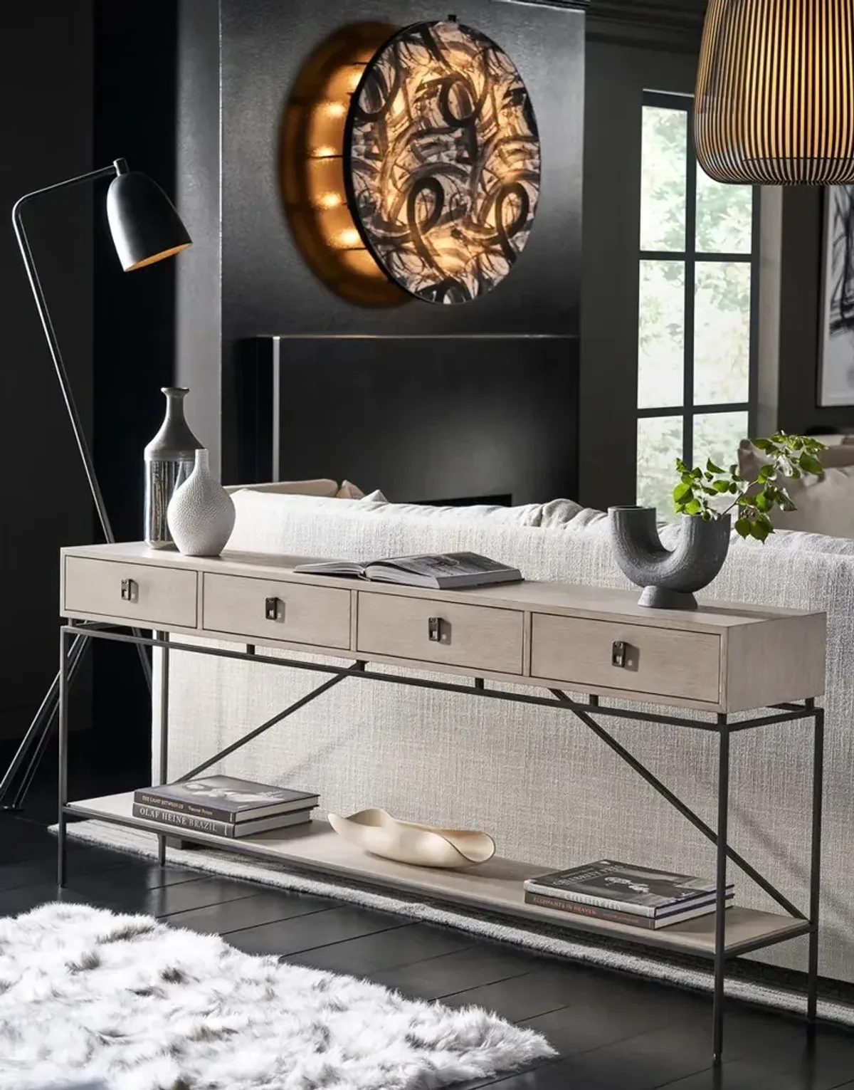 Kyna Long 4-Drawer Console Table, Rolling Fog