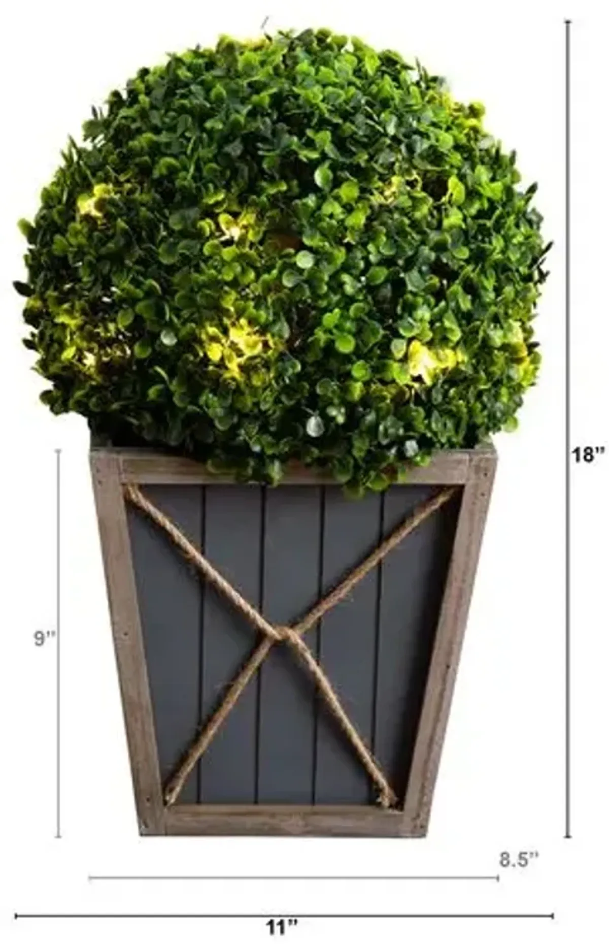 18in. UV Resistant Artificial Boxwood Ball Topiary with LED Lights in Decorative Planter - Green - 18Hx11Wx11D in