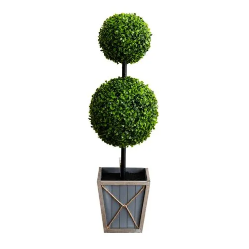 3ft. UV Resistant Artificial Double Ball Boxwood Topiary with LED Lights in Decorative Planter - Green - 36Hx11Wx11D in