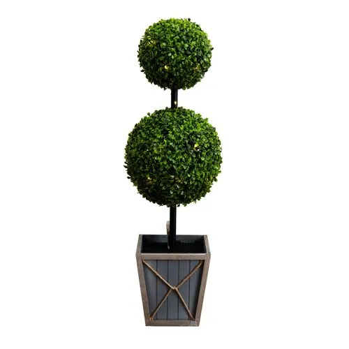 3ft. UV Resistant Artificial Double Ball Boxwood Topiary with LED Lights in Decorative Planter - Green - 36Hx11Wx11D in