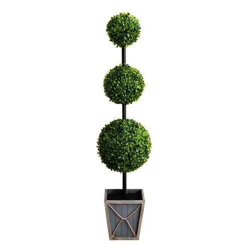 45in. UV Resistant Artificial Triple Ball Boxwood Topiary with LED Lights in Decorative Planter - Green - 45Hx11Wx11D in