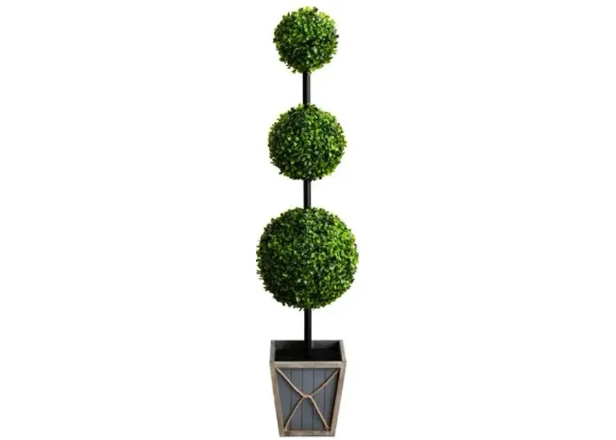 45in. UV Resistant Artificial Triple Ball Boxwood Topiary with LED Lights in Decorative Planter - Green - 45Hx11Wx11D in