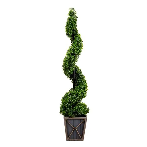 45in. UV Resistant Artificial Boxwood Spiral Topiary Tree with LED Lights in Decorative Planter - Green - 45Hx10Wx10D in