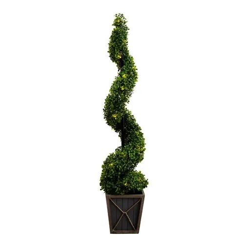 45in. UV Resistant Artificial Boxwood Spiral Topiary Tree with LED Lights in Decorative Planter - Green - 45Hx10Wx10D in