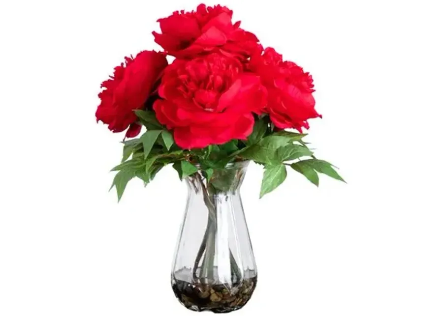 16in. Artificial Peony Arrangement in Glass Vase - Green