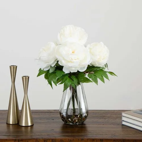 16in. Artificial Peony Arrangement in Glass Vase - White