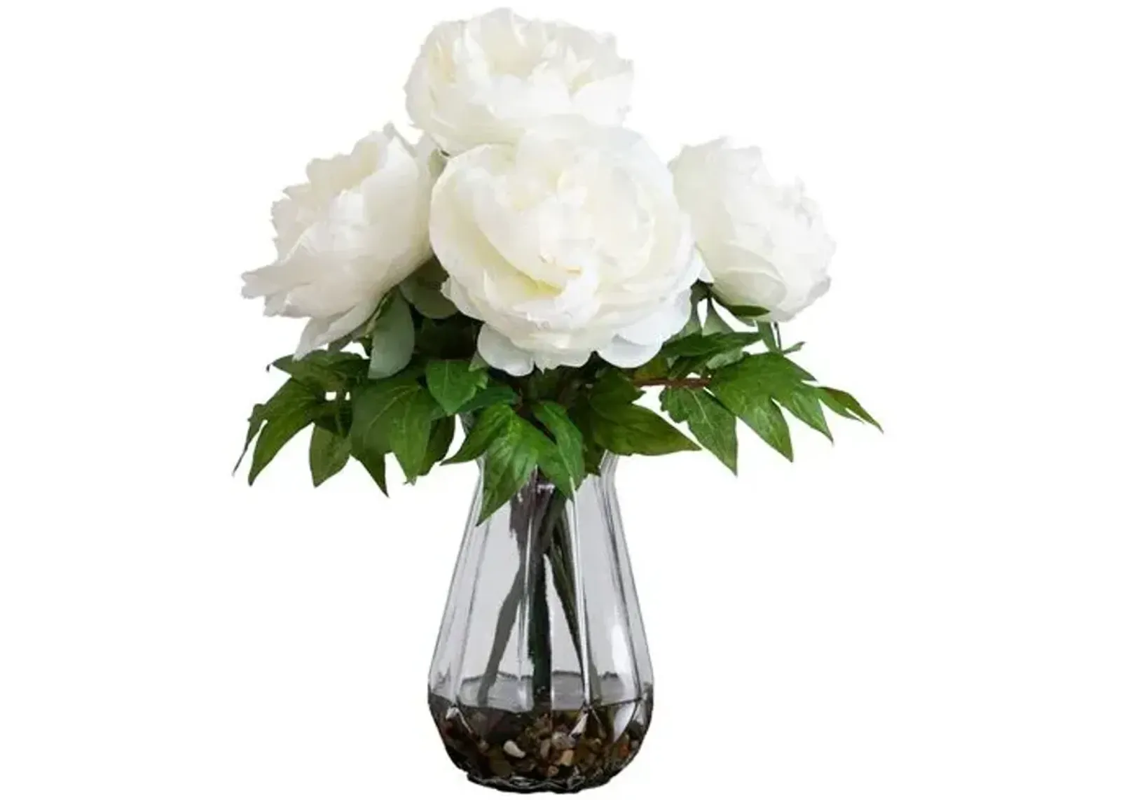 16in. Artificial Peony Arrangement in Glass Vase - White