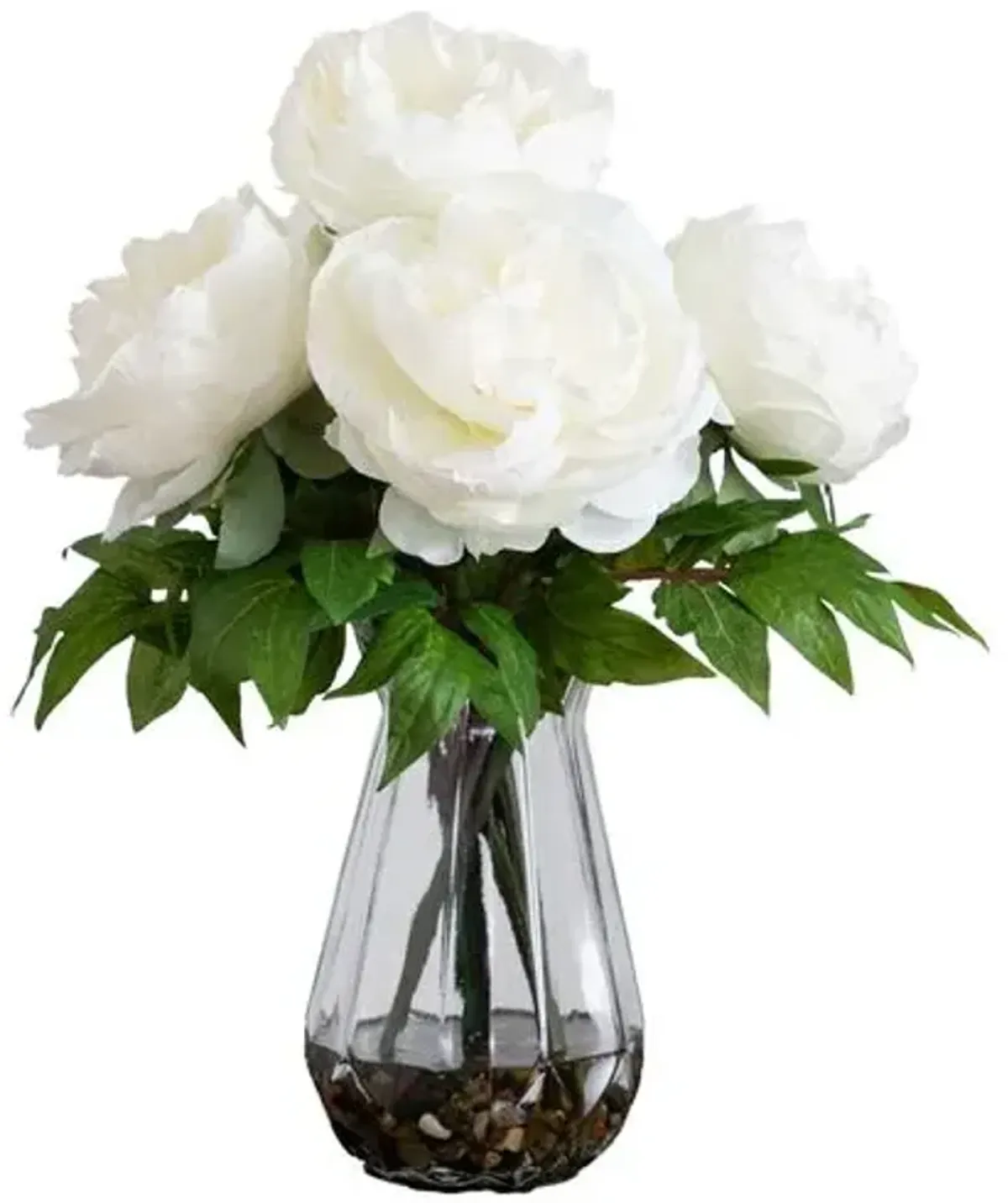 16in. Artificial Peony Arrangement in Glass Vase - White