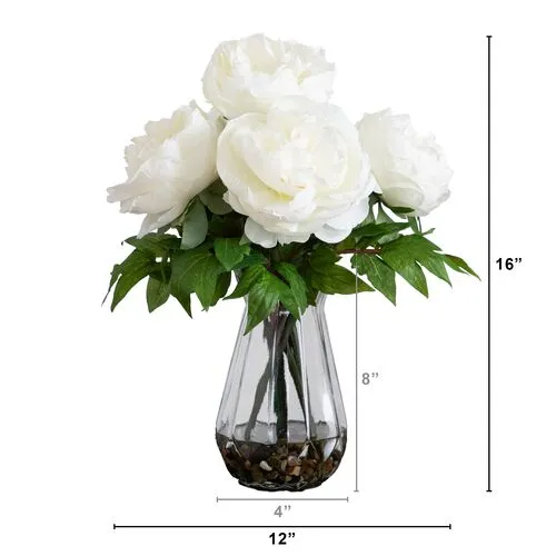 16in. Artificial Peony Arrangement in Glass Vase - White