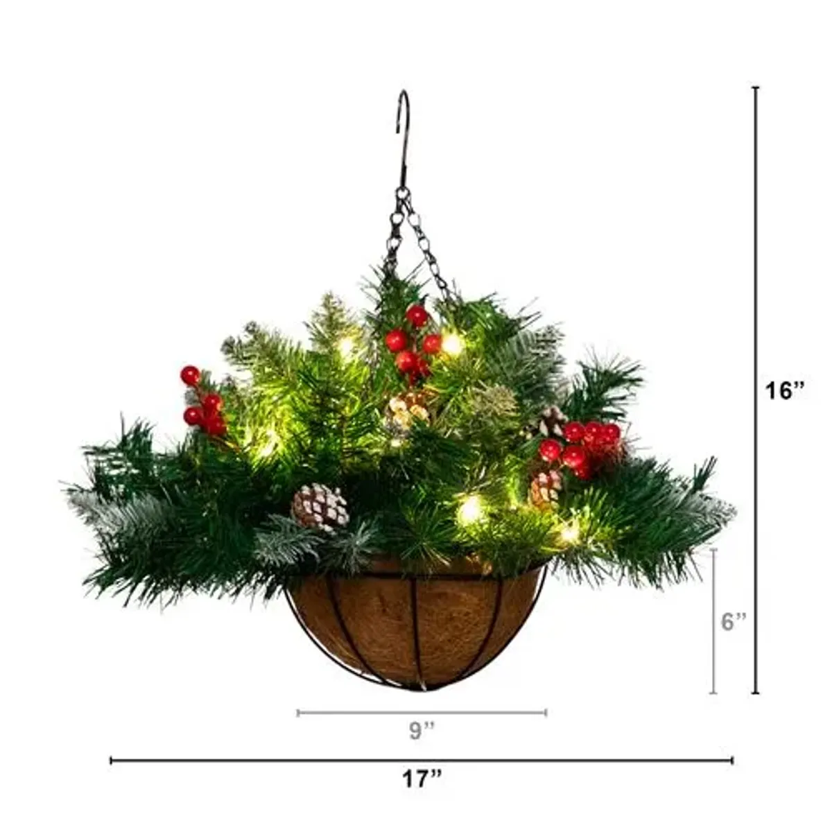 16in. Pre-Lit Artificial Pine and Berry Hanging Basket - Green