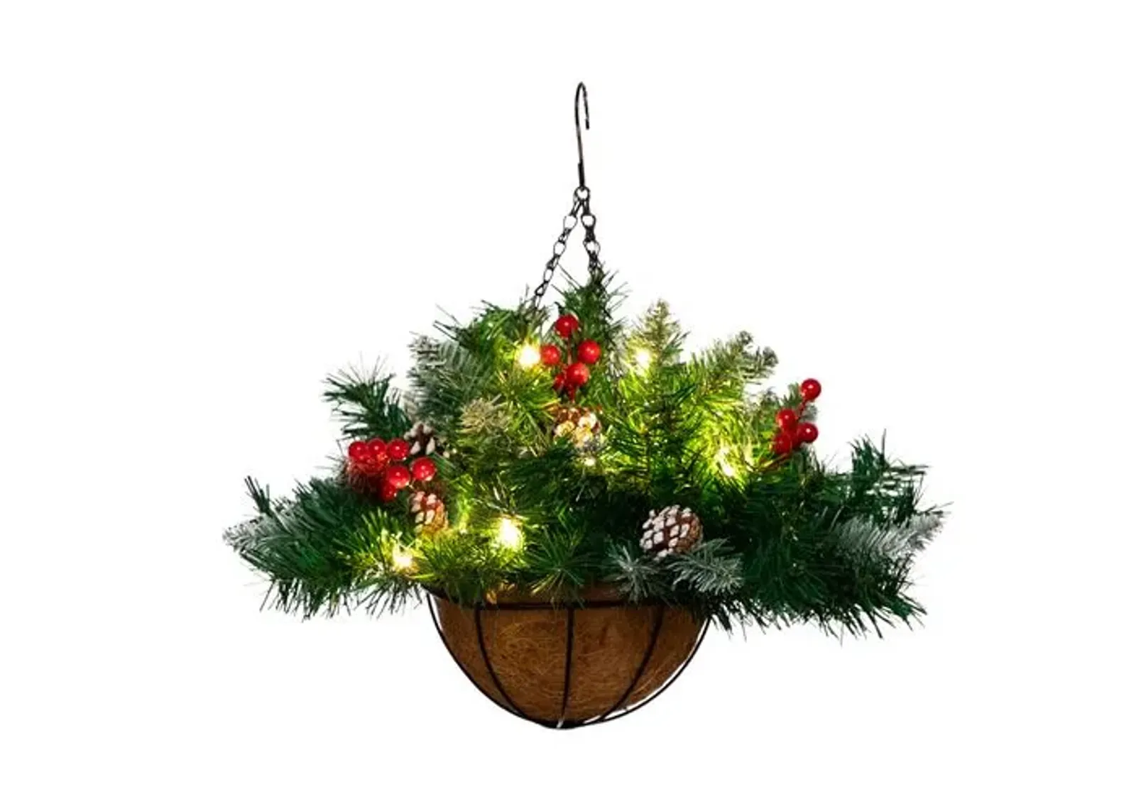 16in. Pre-Lit Artificial Pine and Berry Hanging Basket - Green