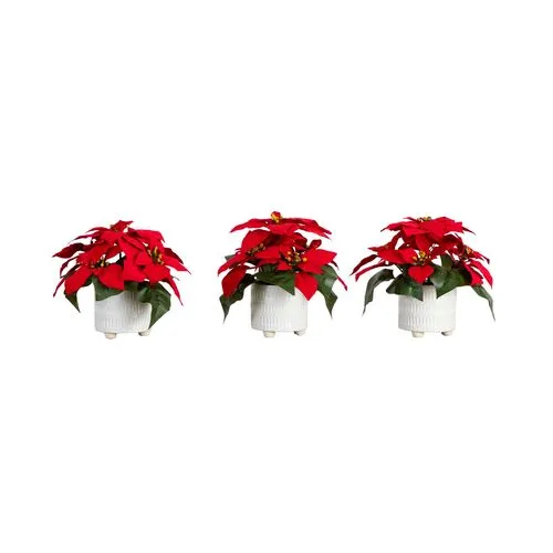 Set of 3 9in. Artificial Poinsettia Arrangements in White Ceramic Pots - Green