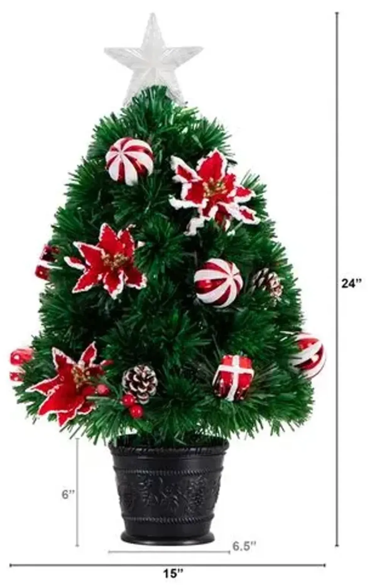 24in. Pre-Lit Fiber Optic Artificial Christmas Tree with Ornaments - Poinsettia and Star Topper - Green