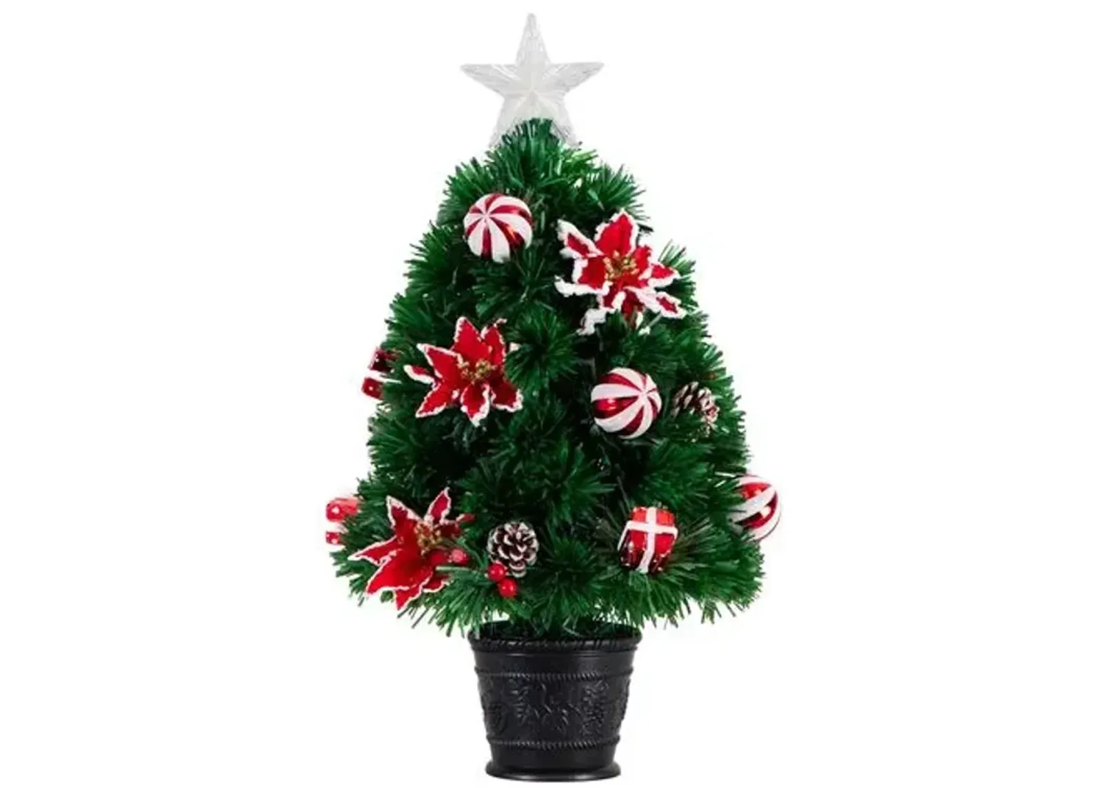 24in. Pre-Lit Fiber Optic Artificial Christmas Tree with Ornaments - Poinsettia and Star Topper - Green