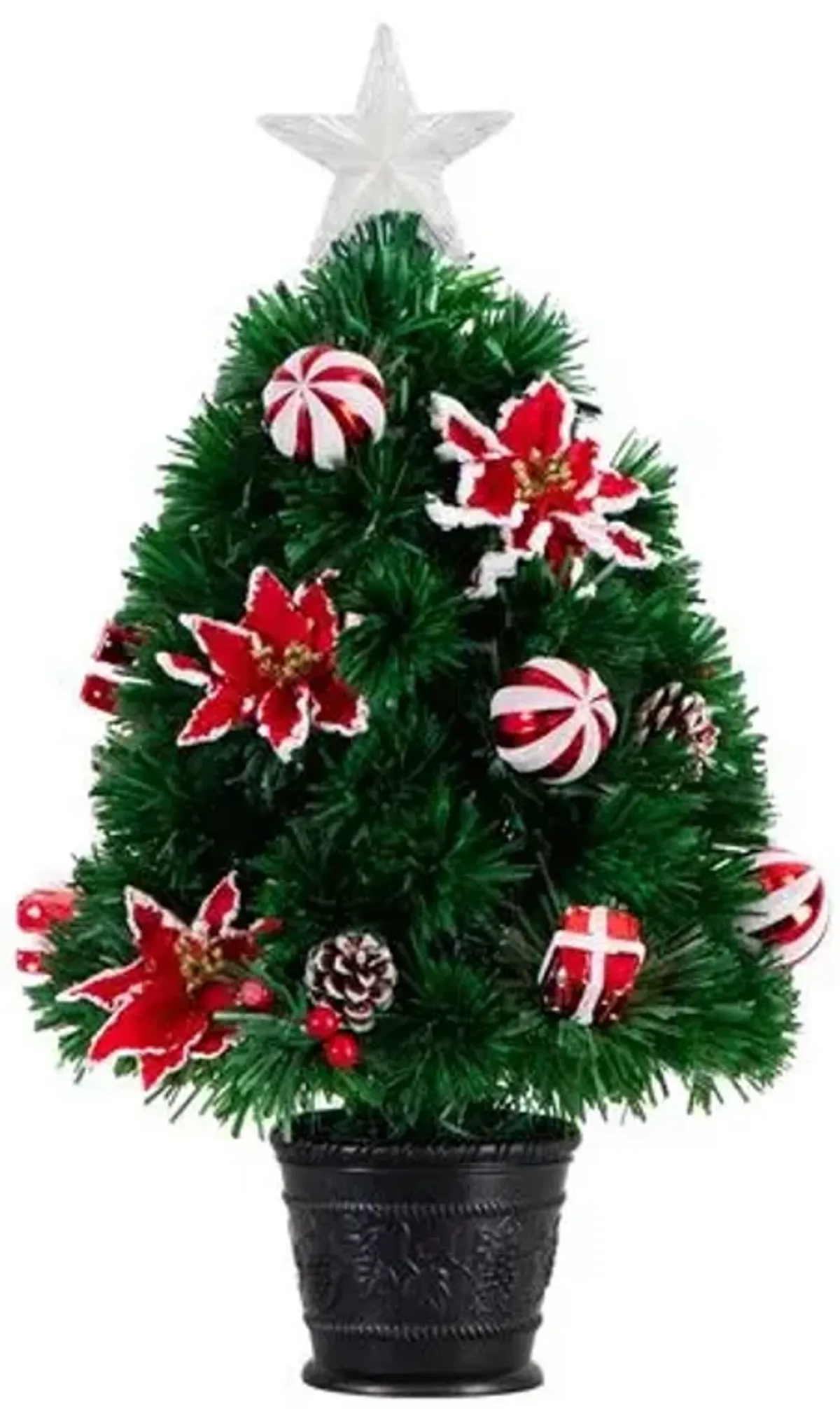 24in. Pre-Lit Fiber Optic Artificial Christmas Tree with Ornaments - Poinsettia and Star Topper - Green