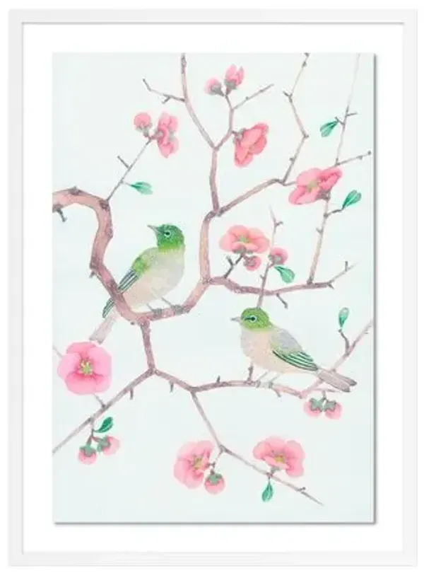 Gabby Malpas - Waxeyes and Japonica Painting - Green