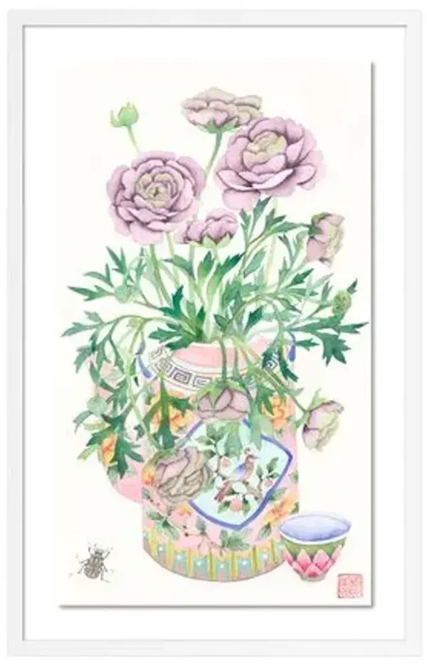 Gabby Malpas - Ranunculus in a Peranakan Teapot Painting - White