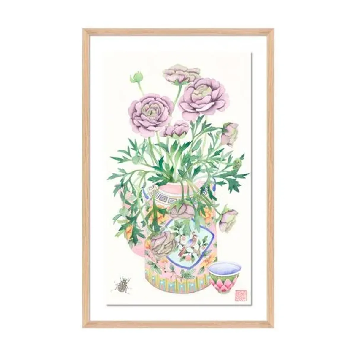 Gabby Malpas - Ranunculus in a Peranakan Teapot Painting - White