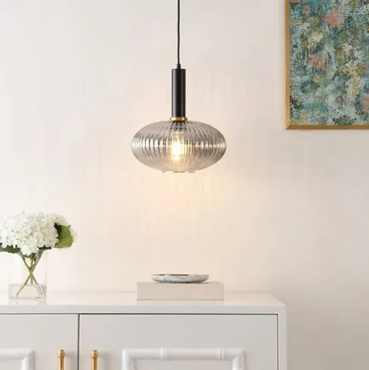 Tuni 12" Glass Pendant - Smoke Grey/Black - Gray