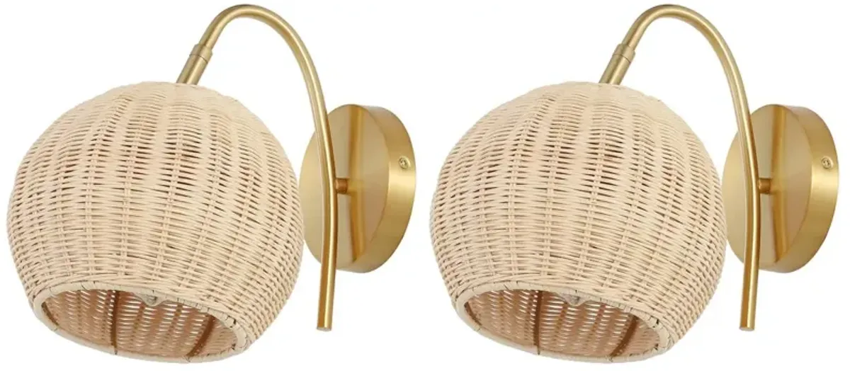 Set of 2 Rayley 8.5" Rattan Wall Sconces - Natural/Brass - Beige