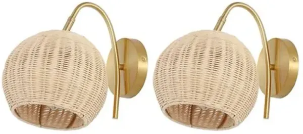 Set of 2 Rayley 8.5" Rattan Wall Sconces - Natural/Brass - Beige