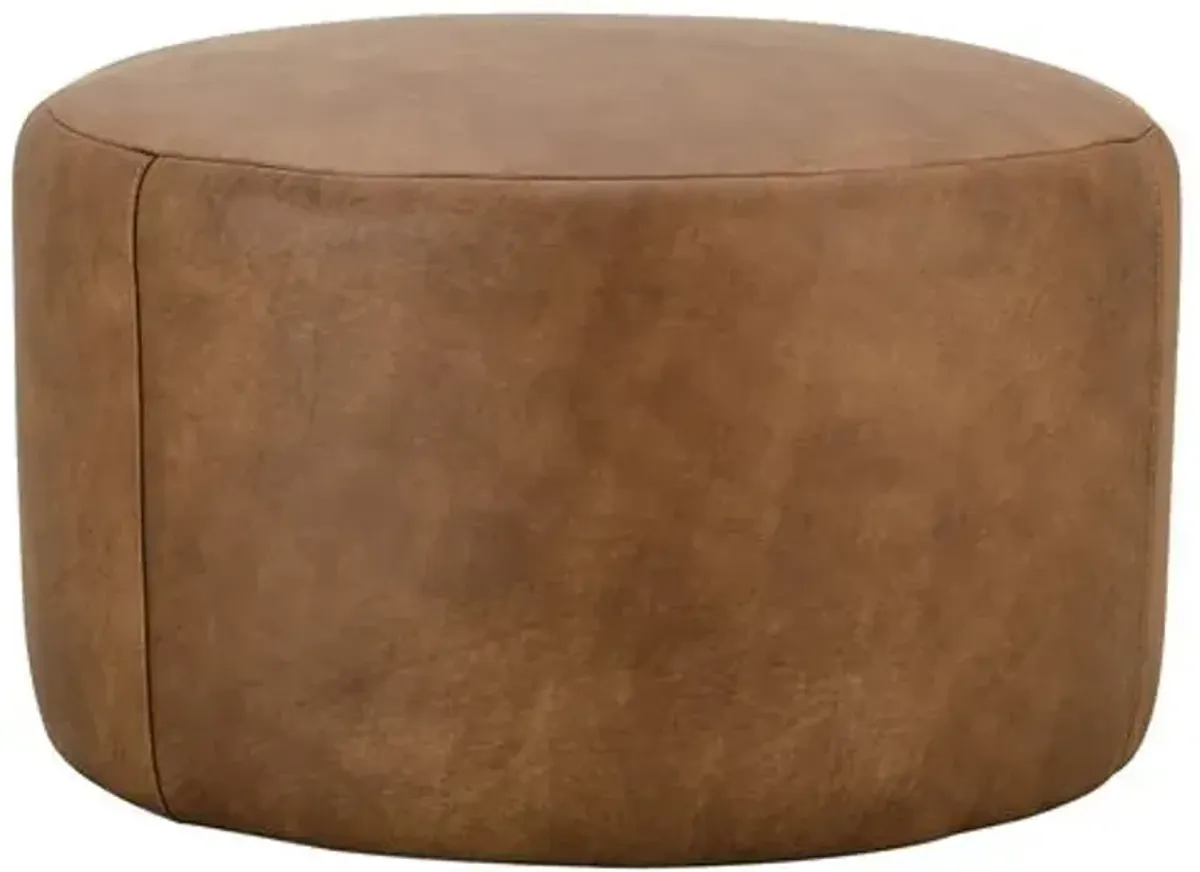 Rhodes Leather Large Round Ottoman - Brown