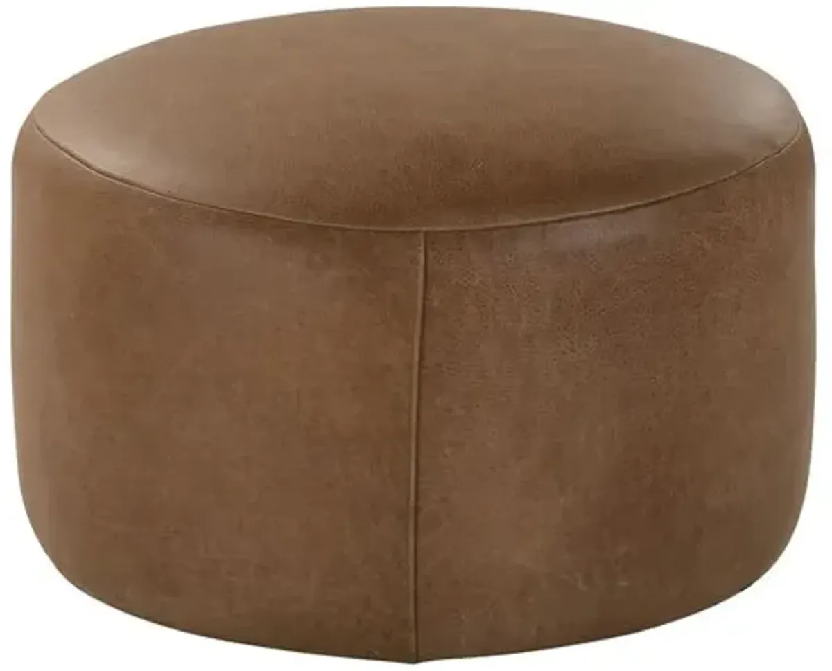 Rhodes Leather Large Round Ottoman - Brown