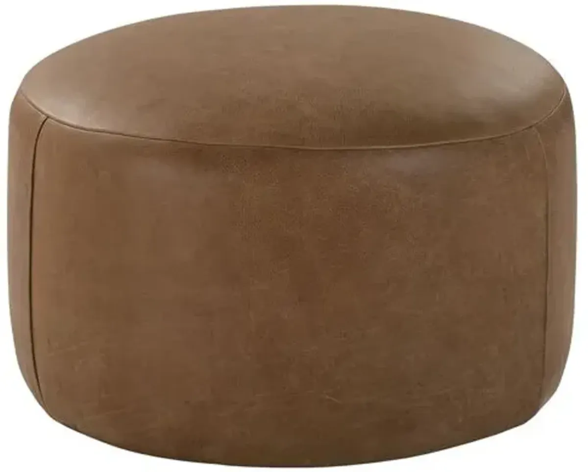 Rhodes Leather Large Round Ottoman - Brown