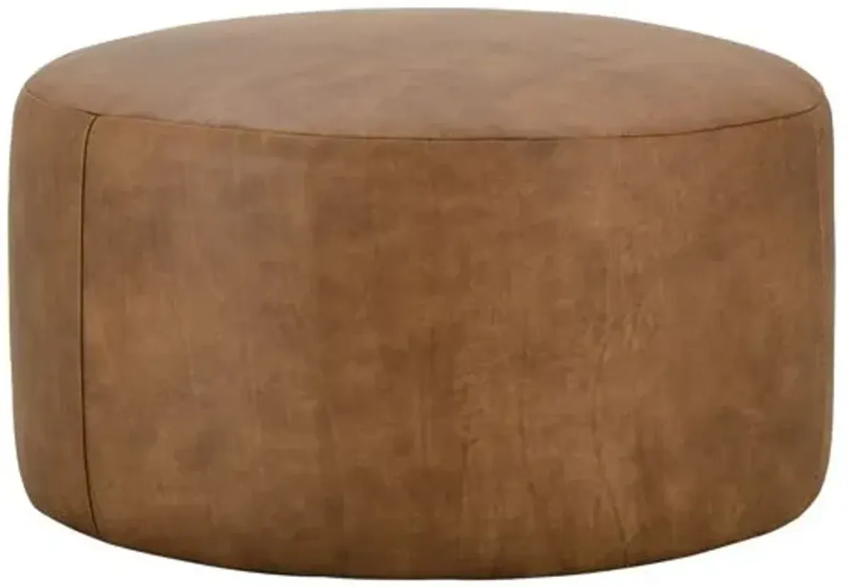 Rhodes Leather Large Round Ottoman - Brown