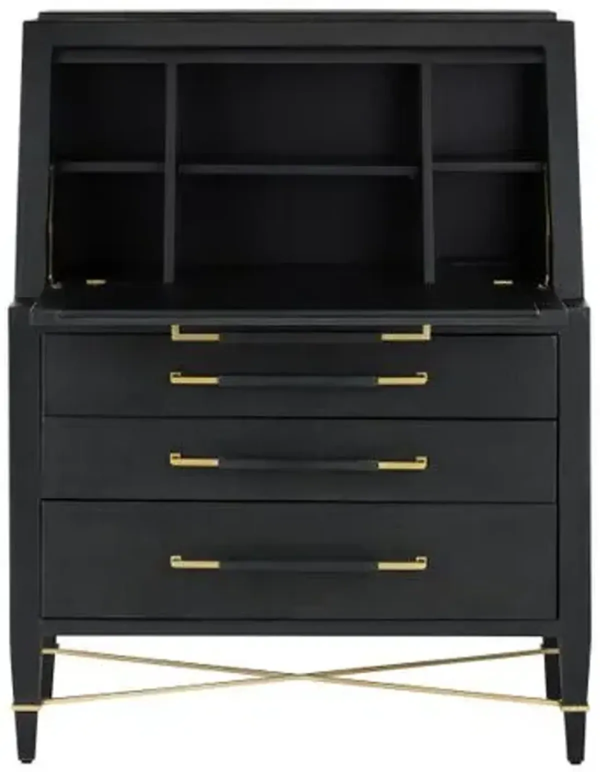 Verona Secretary Desk - Lacquered Black Linen/Champagne - Currey & Company