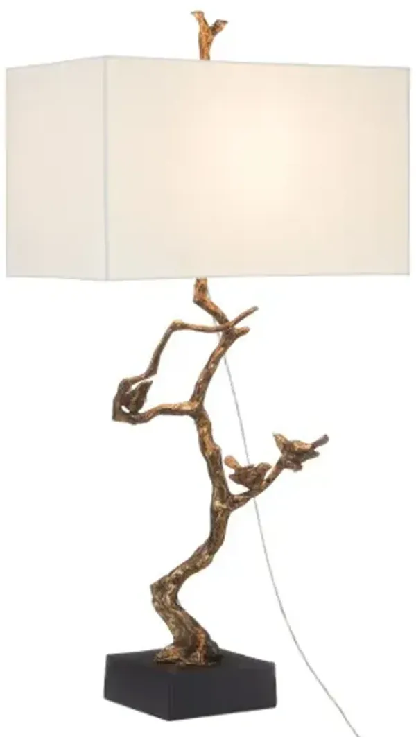 Shadows Bird Table Lamp - Antique Brass/Black Marble - Currey & Company - Gold