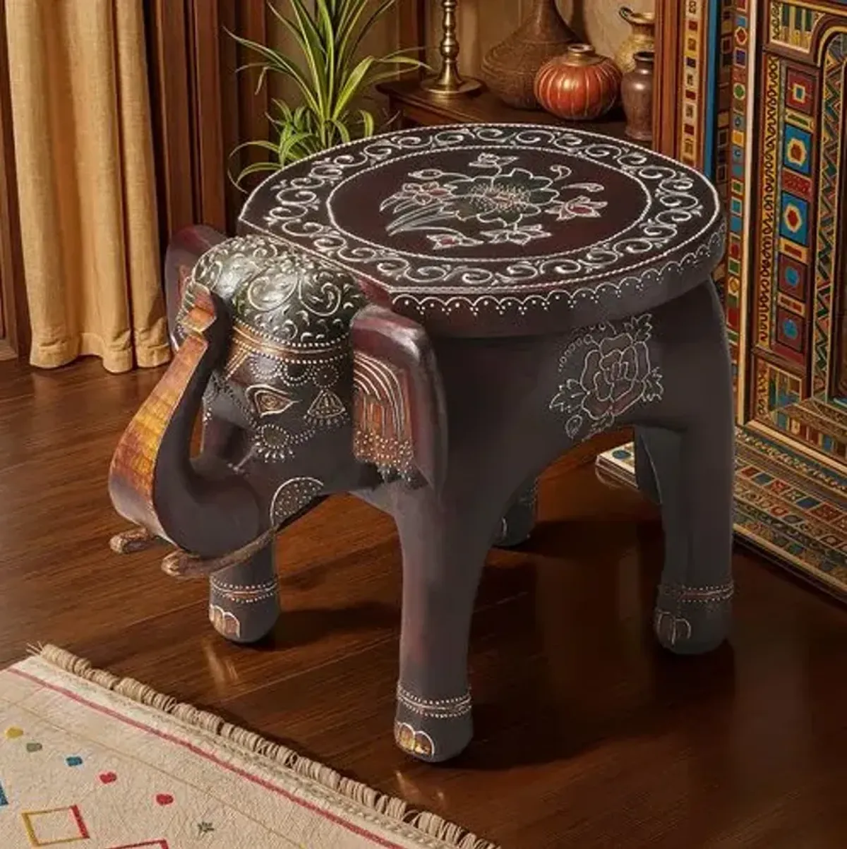 Mila Hand Painted Elephant Side Table - Brown - Handcrafted
