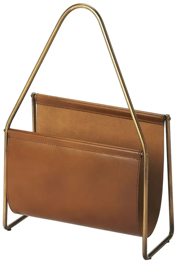 Carter Leather Magazine Basket, Brown/Gold