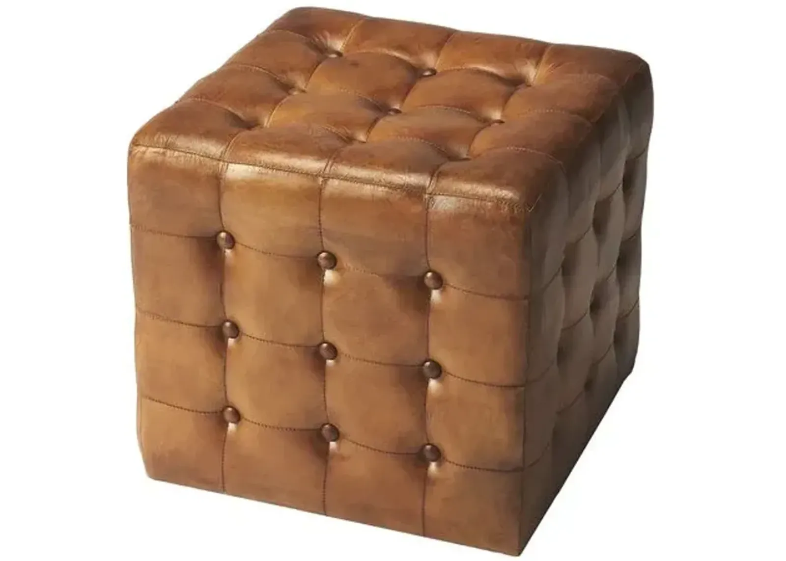 Gabriel Button Tufted Leather Ottoman - Brown